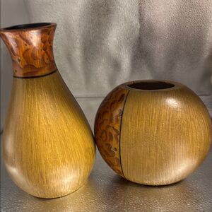 Hosley hand painted burlwood finish vases.